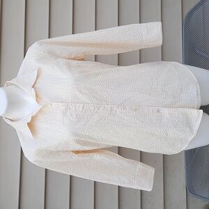 L.L. Bean Yellow white stripe seersucker 3/4 sleeve button front shirt size M